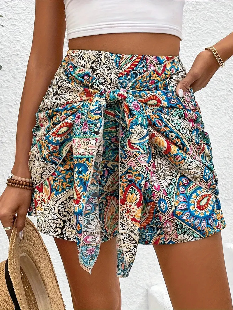 Women's printed high-waisted bohemian shorts – front-knot detail – front view