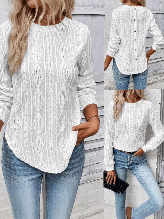 Women's Tops Amazon New Autumn And Winter Back-Button Single-Button Long-Sleeve Round-Neck Casual T-Shirt For Women