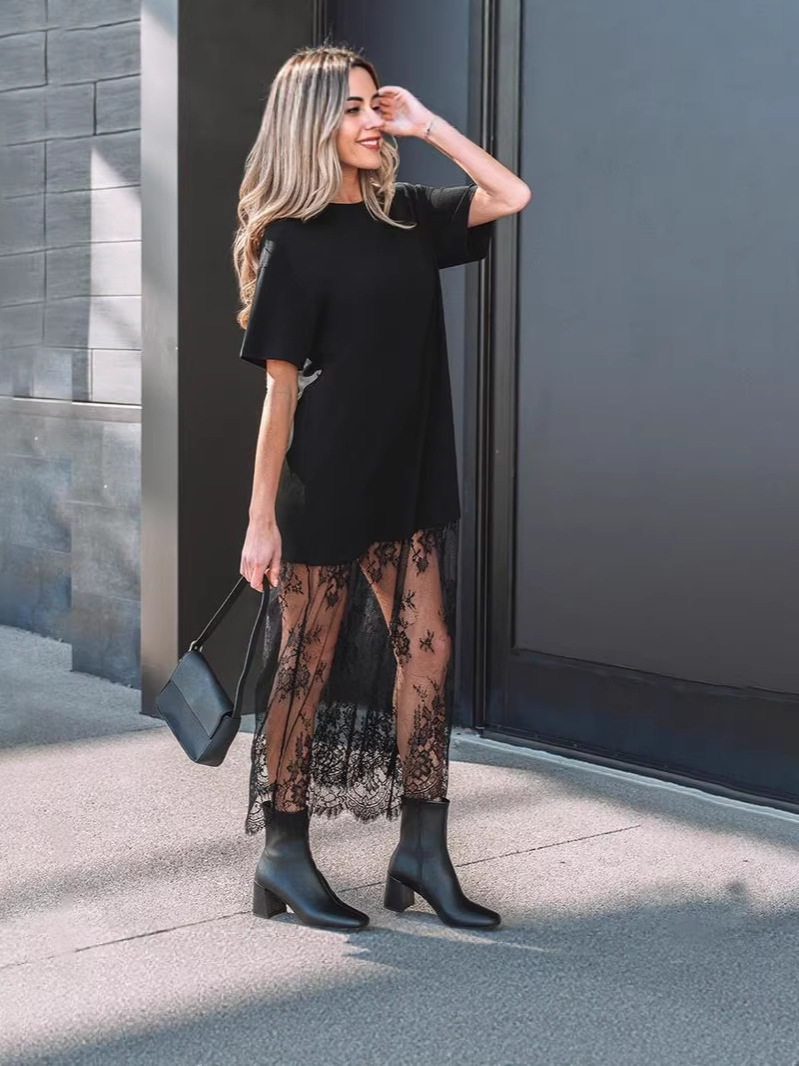 2026 Summer New Style Mm Plus Size Slimming Fashionable Casual Solid Color European And American Personalized Design Lace Dress