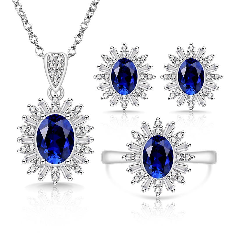 Luxury Sunflower Crystal Jewelry Set - Vintage Electroplated Silver Oval Gemstone Necklace Earrings And Statement Ring 3-Piece Set For Women