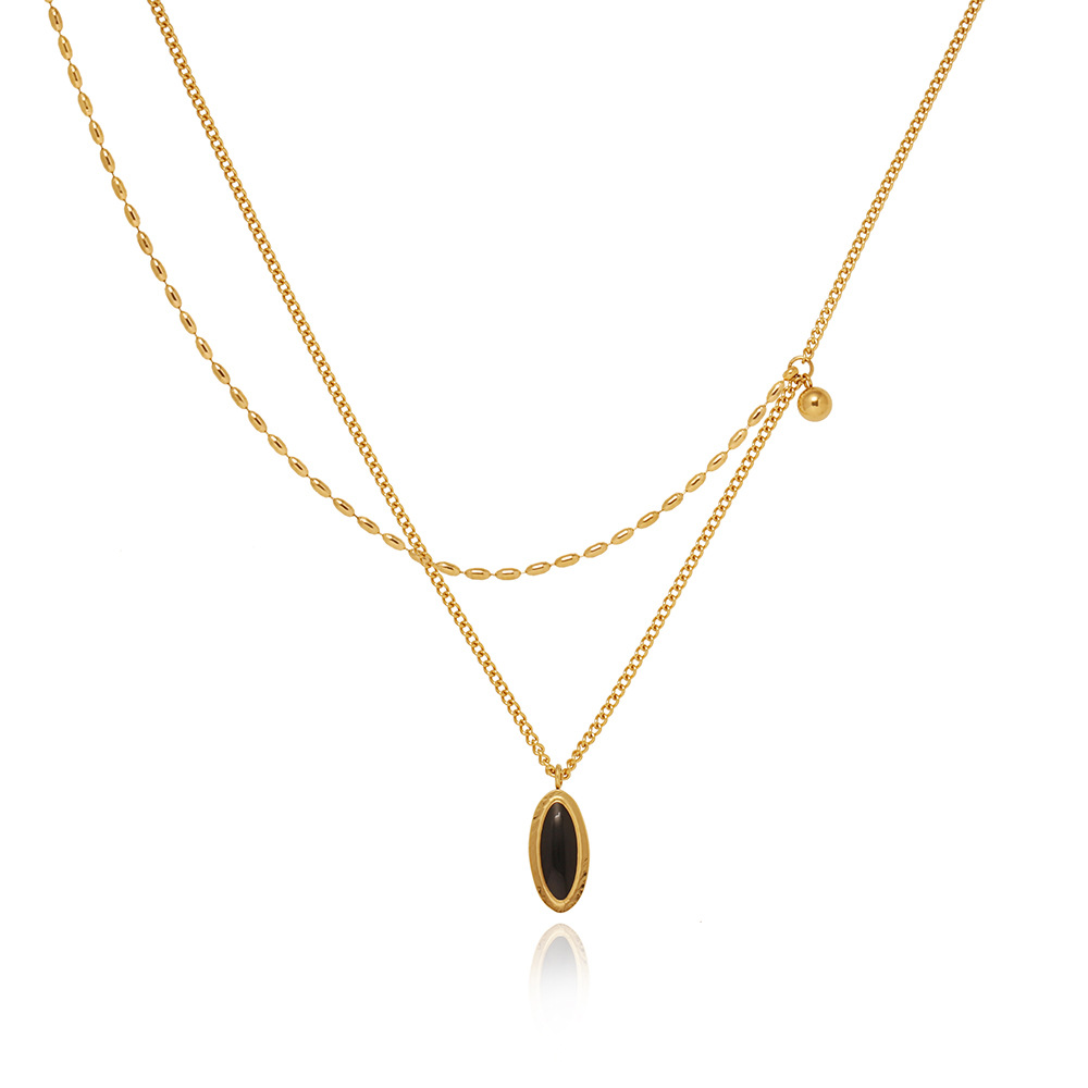 Retro French Oval Black Necklace Black Mirror Clavicle Titanium Steel Plated