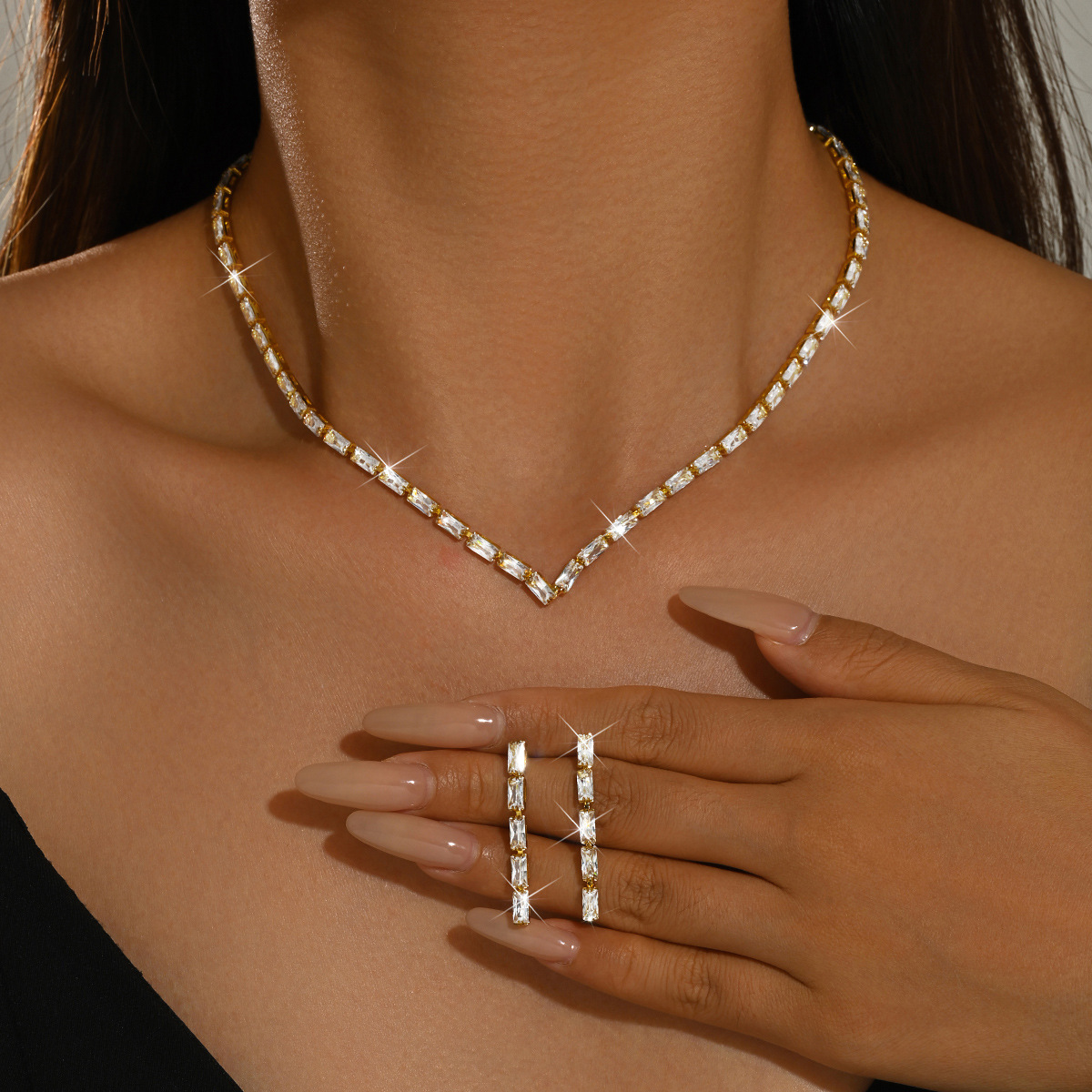 Women Gold Tone Baguette Rhinestone Jewelry Set