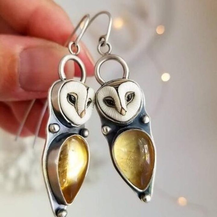 Vintage Owl Teardrop Drop Earrings Silver Tone Brass Women Gold Boho Artistic Party Fashion Jewelry