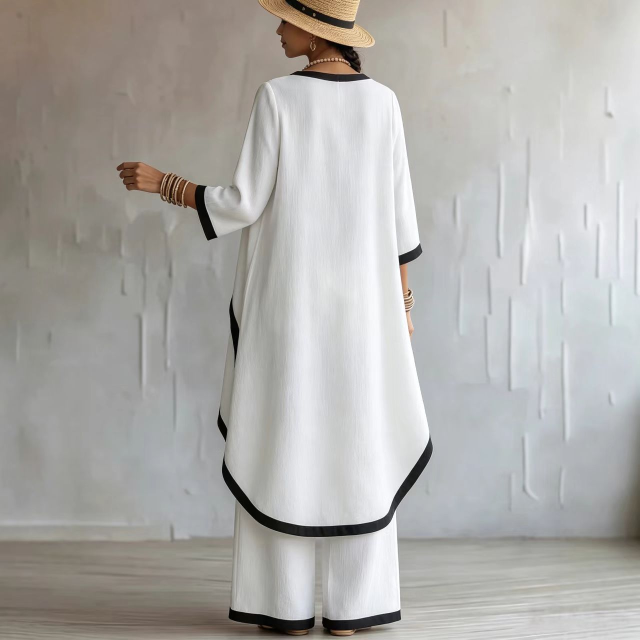 European And American Cross-Border New Style Old Money Style Cotton And Linen Irregular Design Long-Sleeve Blouse And Wide-Leg Pants Two-Piece Women's Set