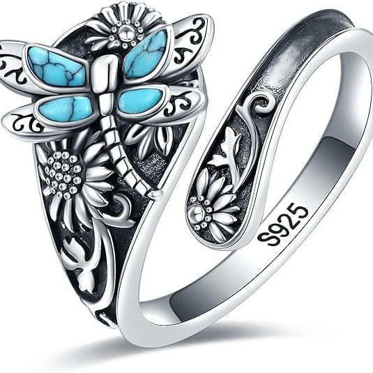 Amazon New Jewelry Retro personalizat Bohemian Turquoise Dragonfly Floarea-soarelui Inel de înfășurare pentru femei