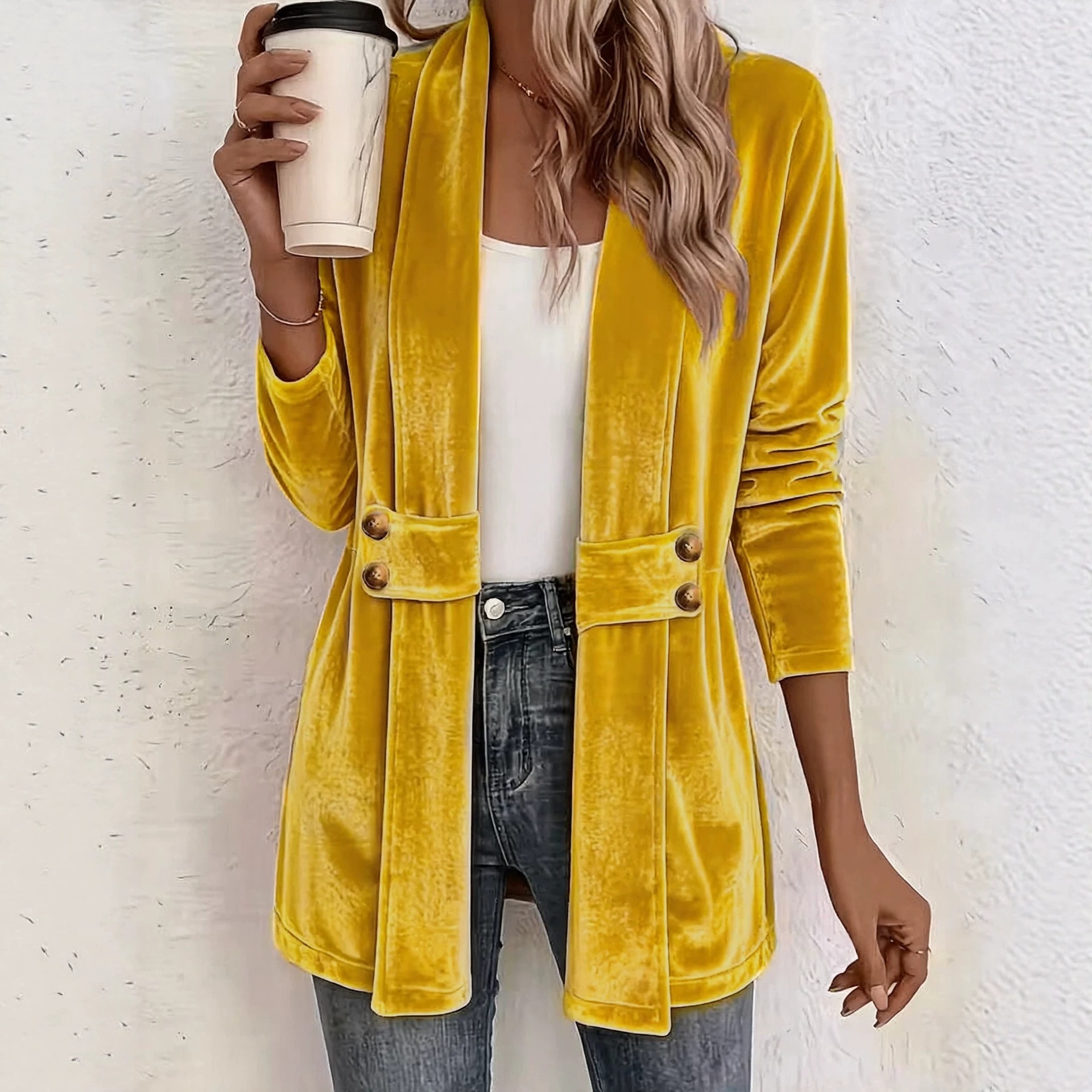 Women Velvet Open Front Cardigan Long Sleeve Double Button Decor Casual Outerwear Coat