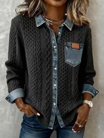 New European And American Style Knitted Patchwork Denim Shirt For Women, Autumn And Winter Fashionable Versatile Long Sleeve Cardigan Jacket