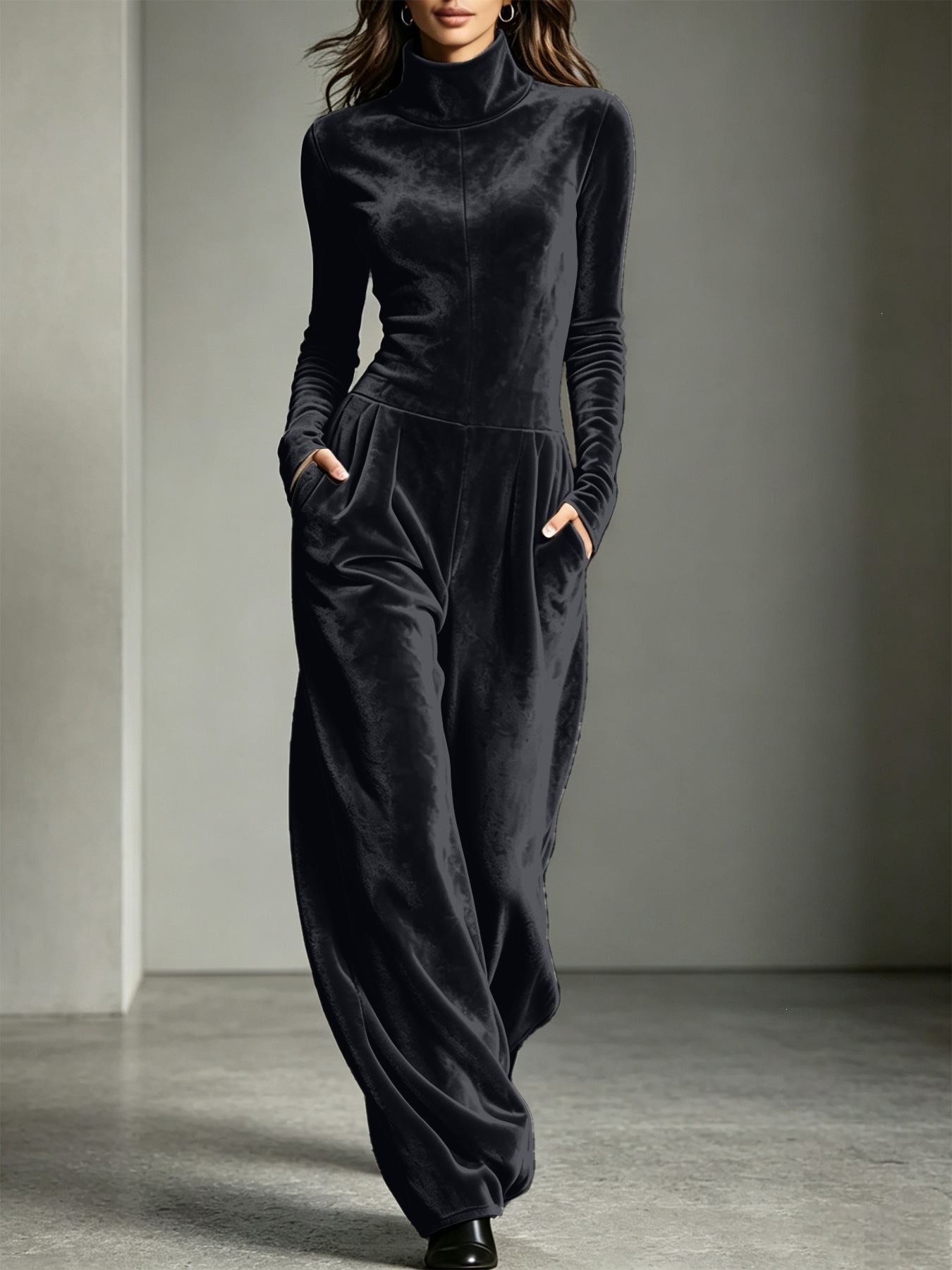 Fall Winter New Arrival Jumpsuit Fashion Casual Turtleneck Solid Color Korean Velvet Long Sleeve Romper