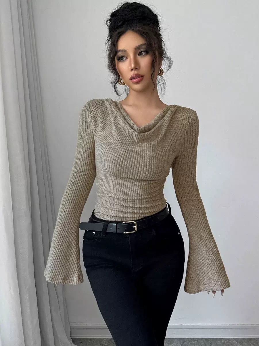 Autumn Winter European And American Cross-Border Women's Ribbed Base Shirt, Off-Shoulder Slim-Fit Knitted Long-Sleeve Top, Hot-Selling Commuter Style