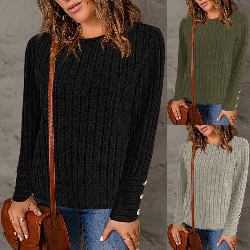 Women Ribbed Knit Long Sleeve Top Crew