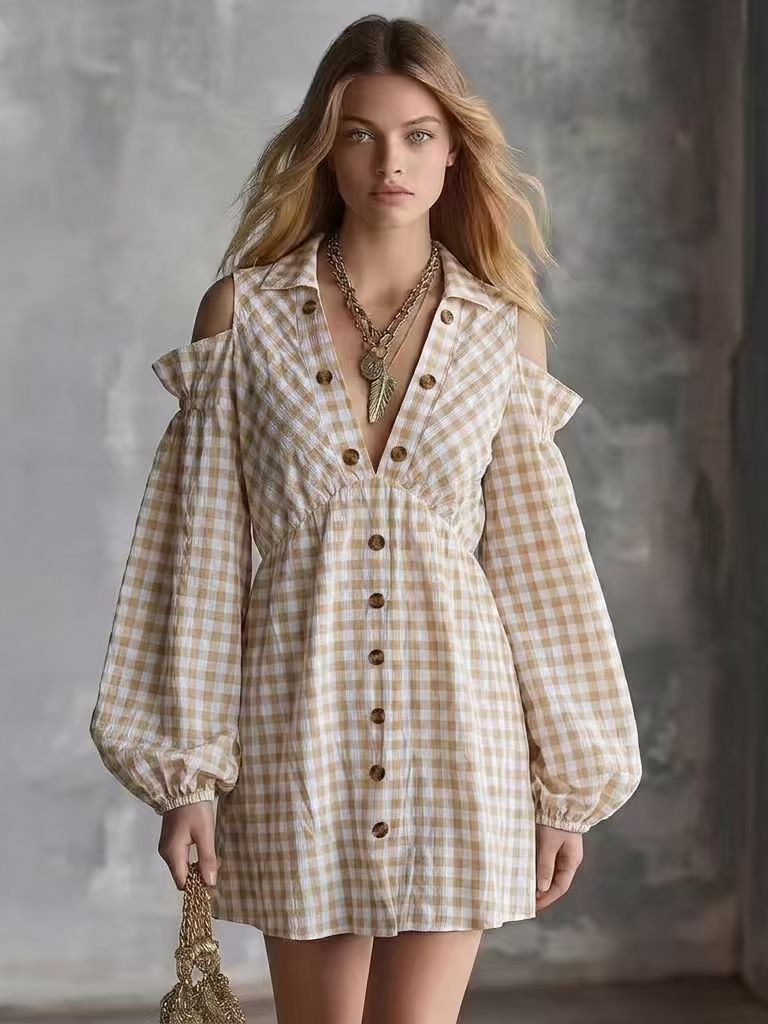 Casual Checkered Print Off-the-shoulder Lantern Long Sleeve Dress — photo 1