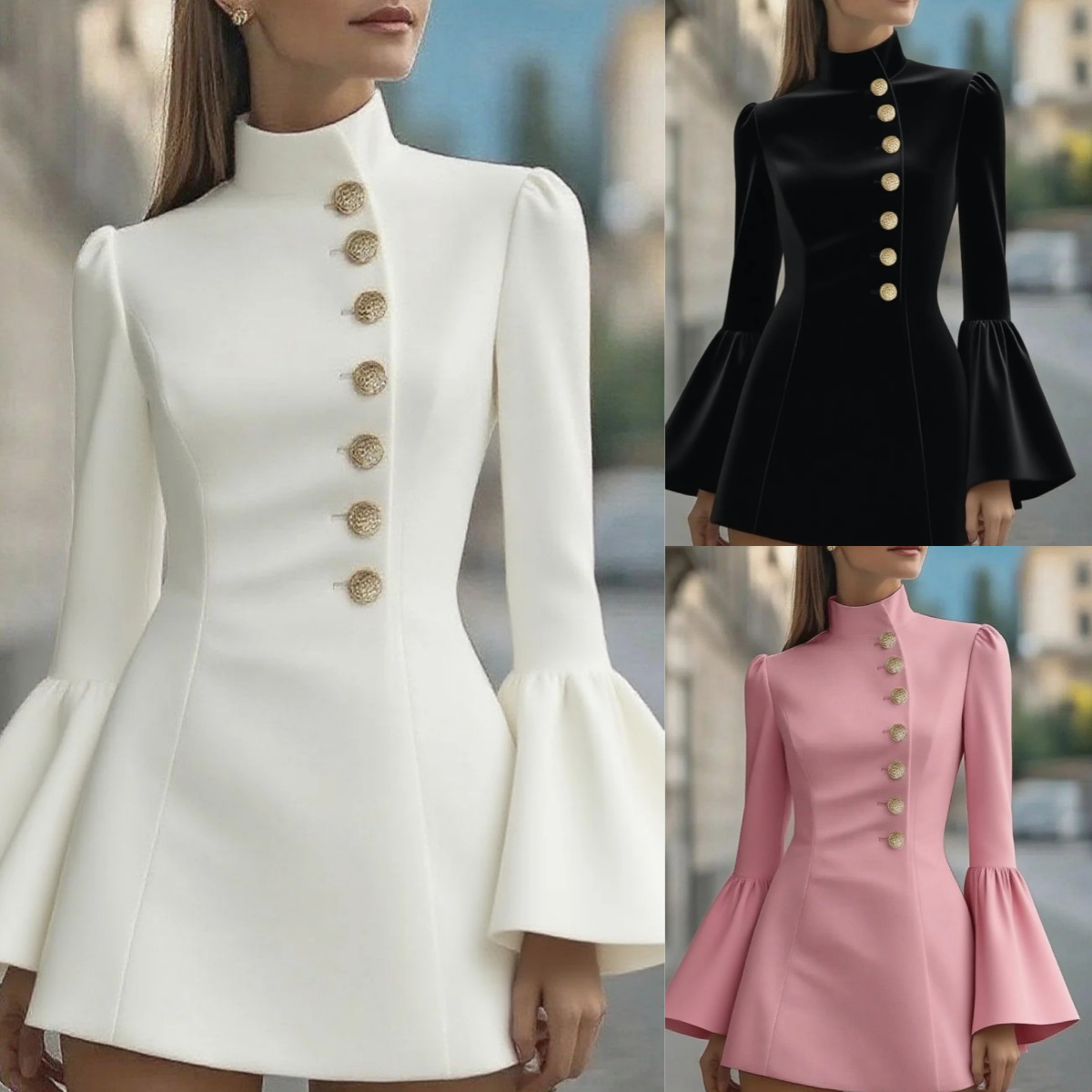 2025 Amazon Aliexpress New Autum Elegant Slim Culoare pură Stand Guler Bell Sleeve Suit Rochie