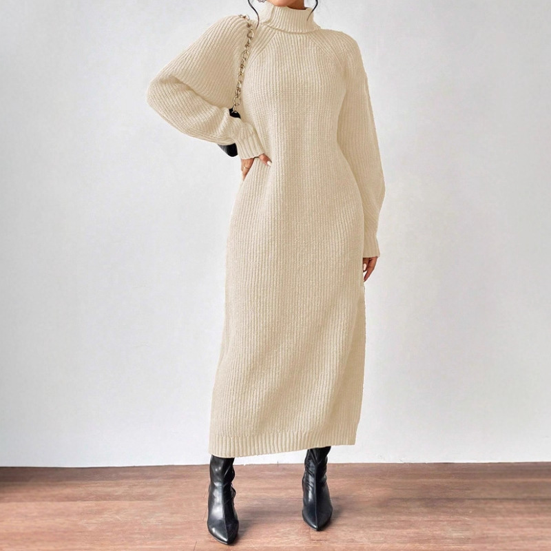 Amazon Cross-Border Foreign Trade Women's Sweater Dress Fashionable Pullover High-Neck Long-Sleeved Knitted Skirt Solid Color Long Inner Skirt