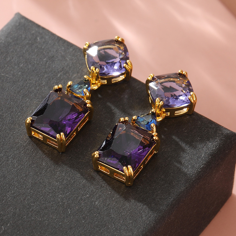 Elegant Purple Double Crystal Drop Earrings Gold