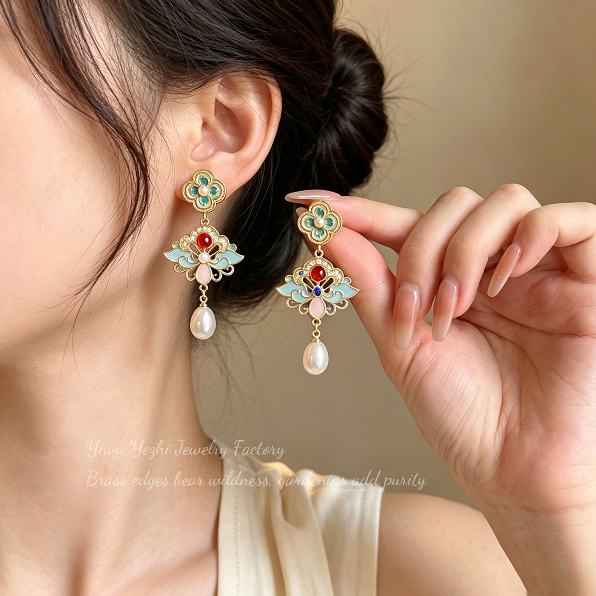 Cercei francezi retro în stil chinezesc vopsiți cu smalț, cercei noi în stil chinezesc cu picături de ulei, cercei de nișă eleganți și luxoși
