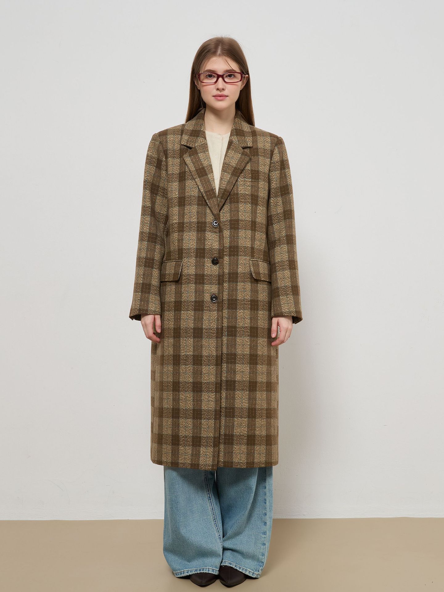 Plaid Wool Blend Notched Lapel Mid-Long Coat