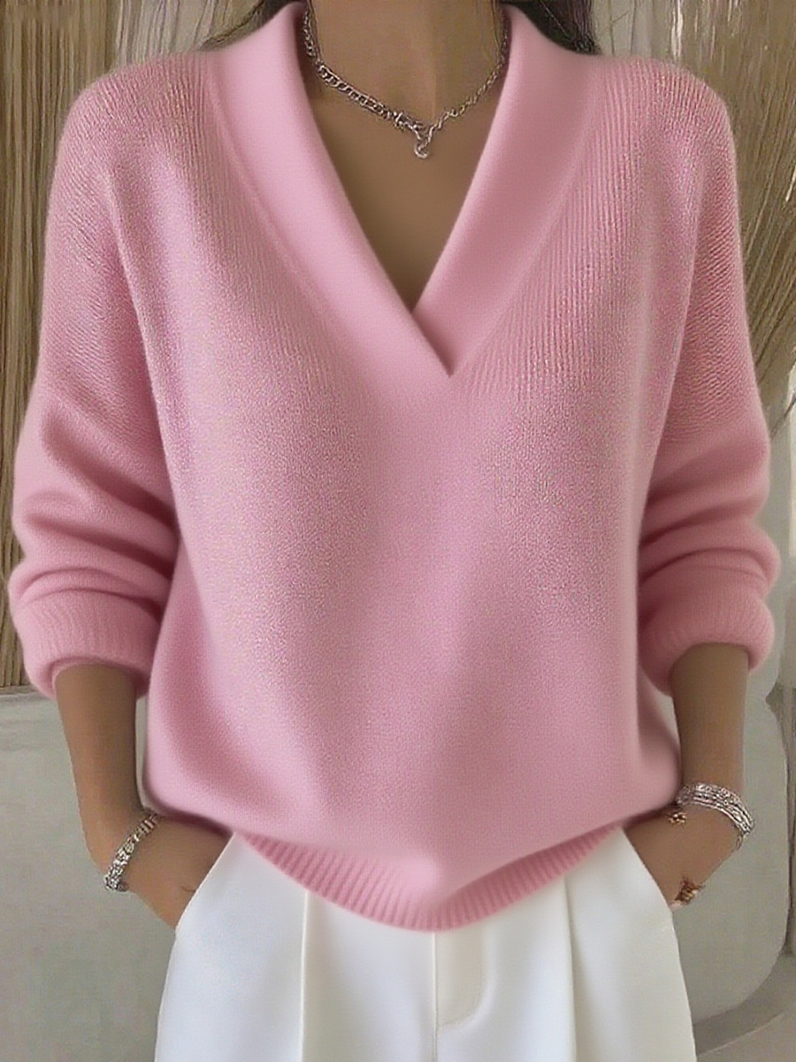 European And American Knitted V Neck Loose Sweater Autumn And Winter New Cross-Border Solid Color Casual Fashion Women's Knitwear