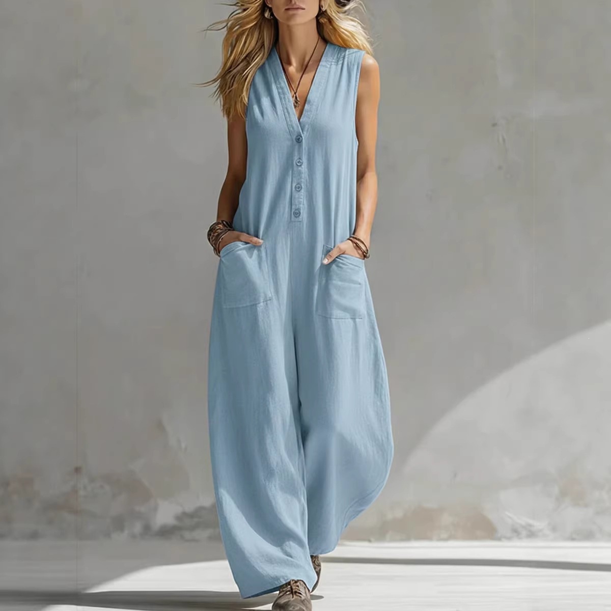 2026 European And American Double Pocket Casual Linen Cotton Sleeveless Jumpsuit European And American Style Jumpsuit