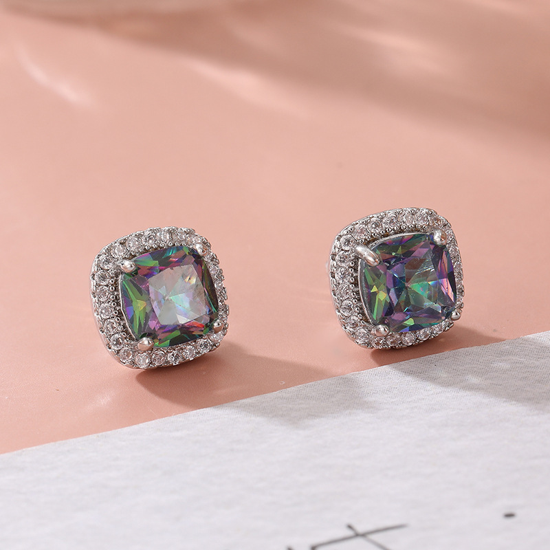 Rainbow Square Crystal Stud Earrings Silver Tone Brass Women Elegant Party Fashion Jewelry Sparkling Statement