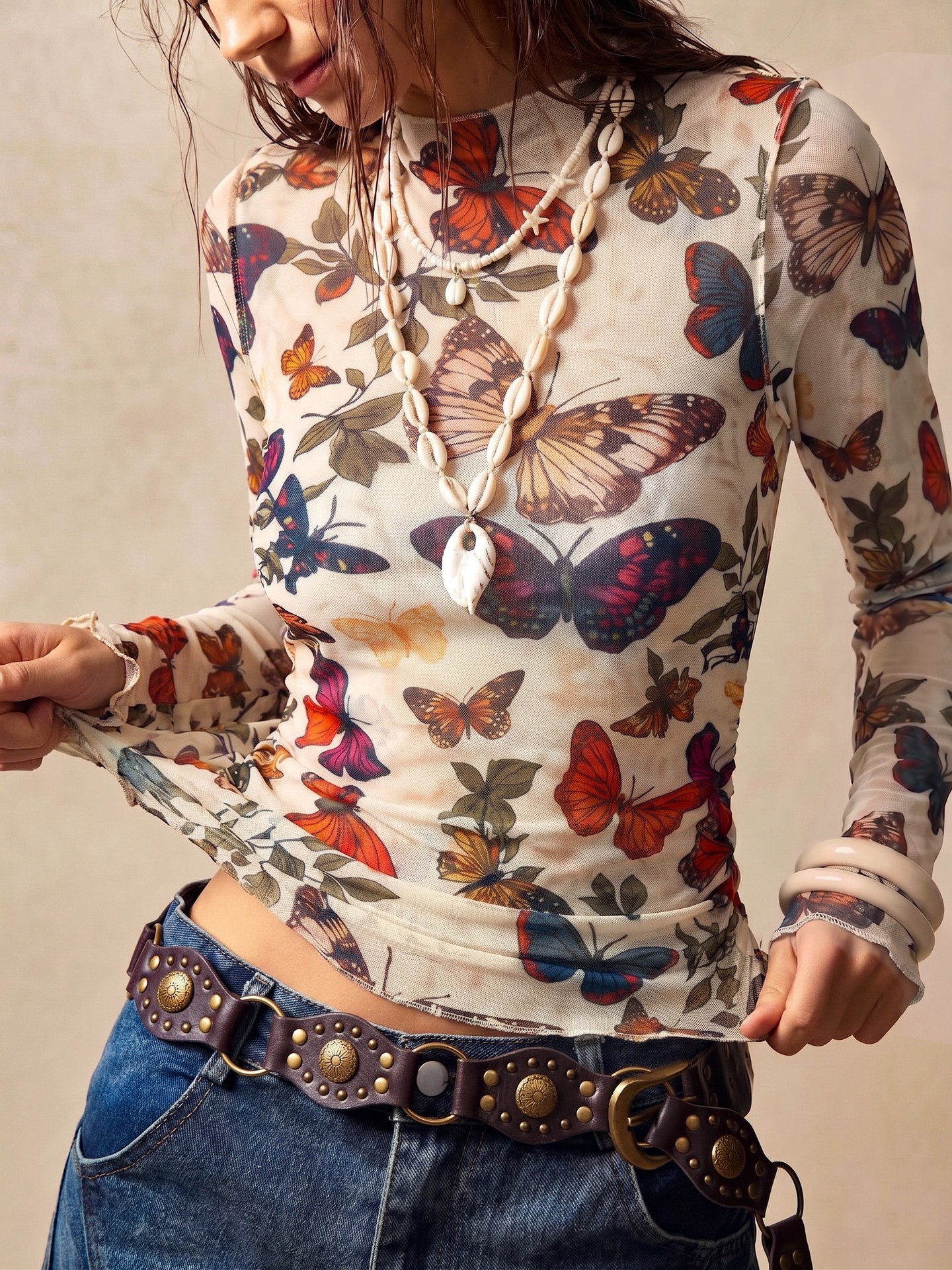 Europe And The United States Cross-border 2026 Autumn New Butterfly Printed Mesh Half-high Collar Top Side Pleated Slim Bottoming