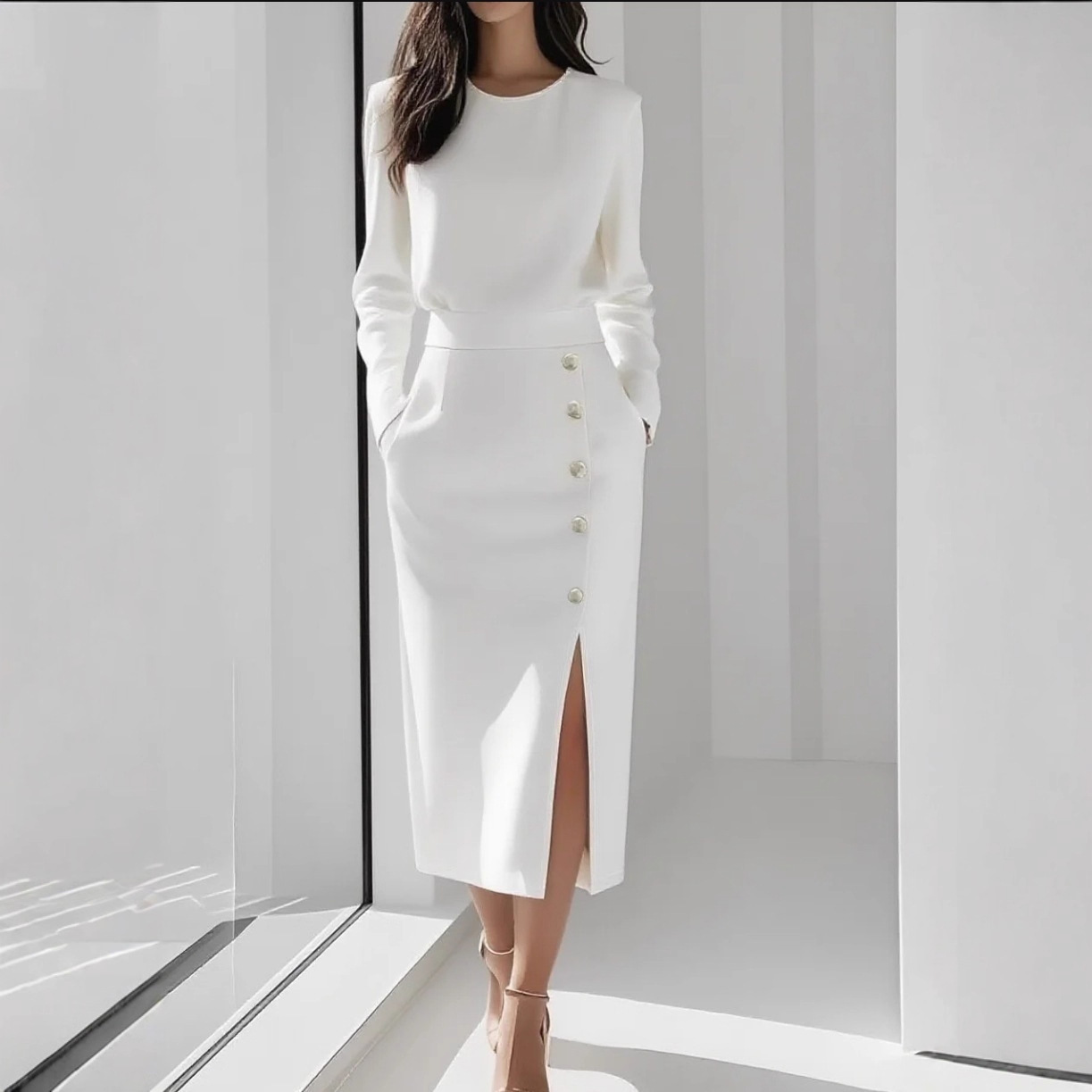 European And American Cross-Border Long-Sleeved Solid Color Round Neck Waist-Cinching Button-Decorated Slit 2025 Autumn Women's Dress