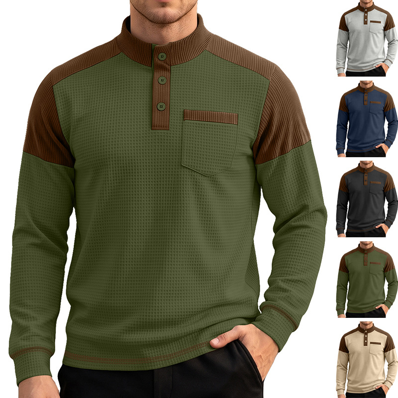 Cross-border Men's Waffle Color-Blocked Raglan Sleeve Sweatshirt, Oversized Stand Collar Patch Pocket Long-Sleeve Sports Pullover For TK Foreign Trade