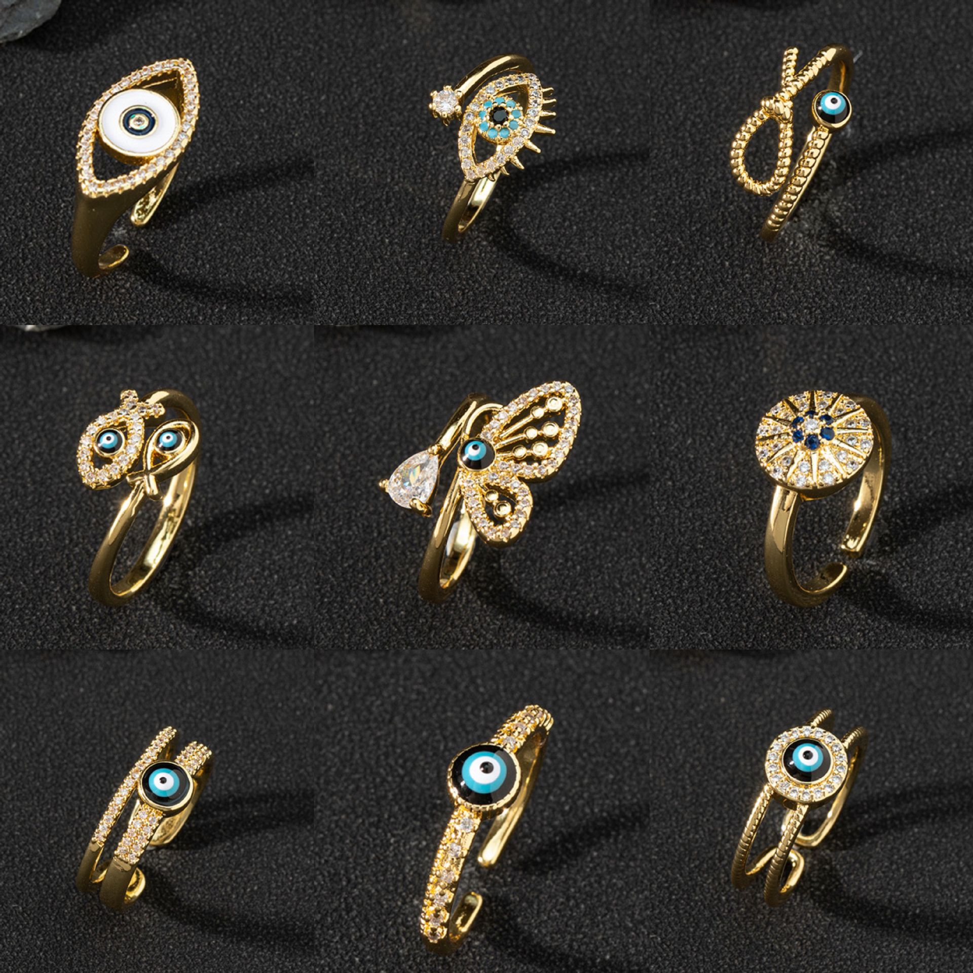 European And American Cross-Border Jewelry Supply Copper Zircon Enamel Oil Drop Ring Women's Evil Eye Retro Tail Ring Open Ring
