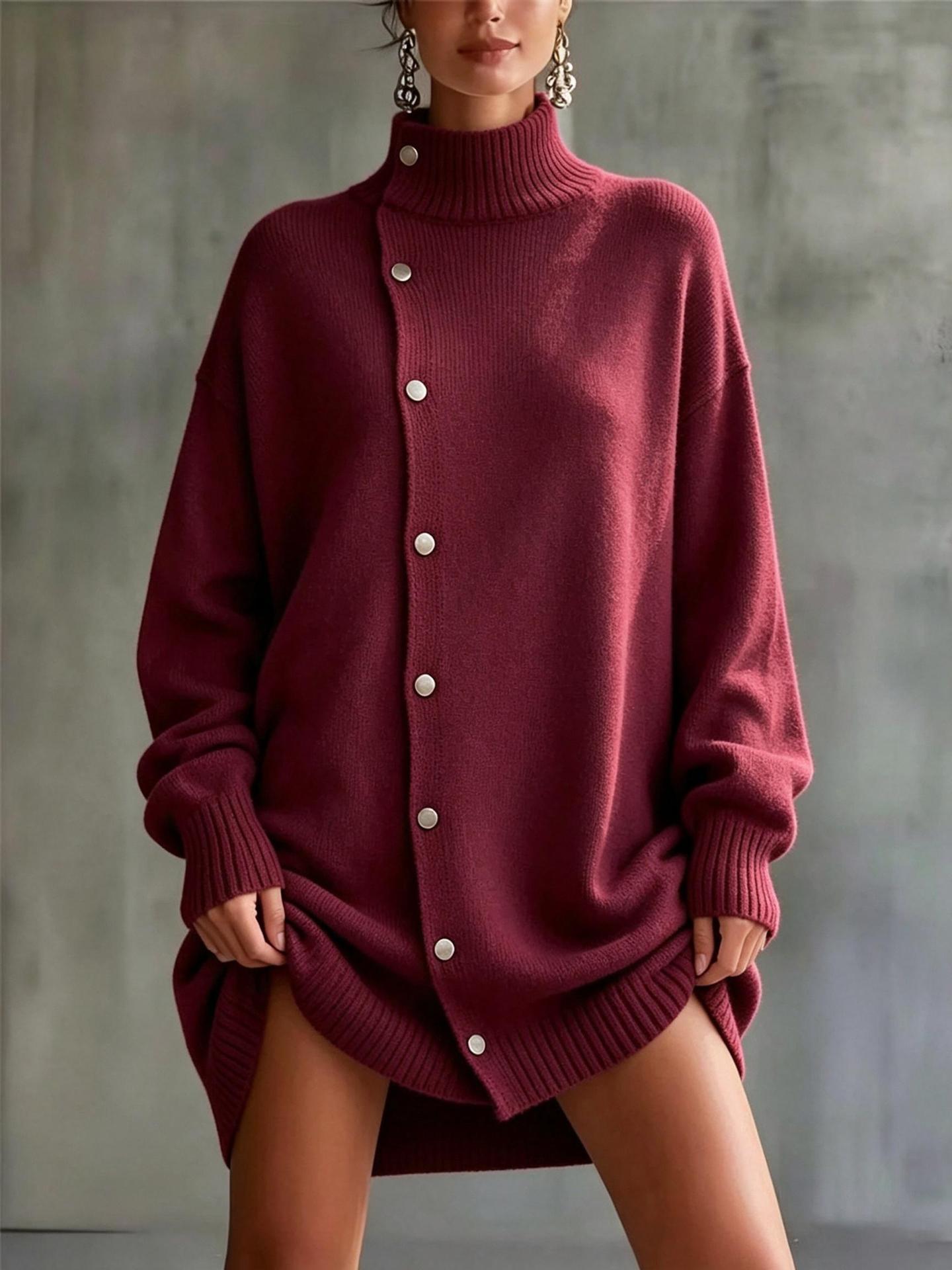 Women's Oversized Turtleneck Knit Cardigan, Asymmetric Button Long Sleeve Loose Sweater Coat, Fall Winter Fashion Solid Color Outerwear For Ladies