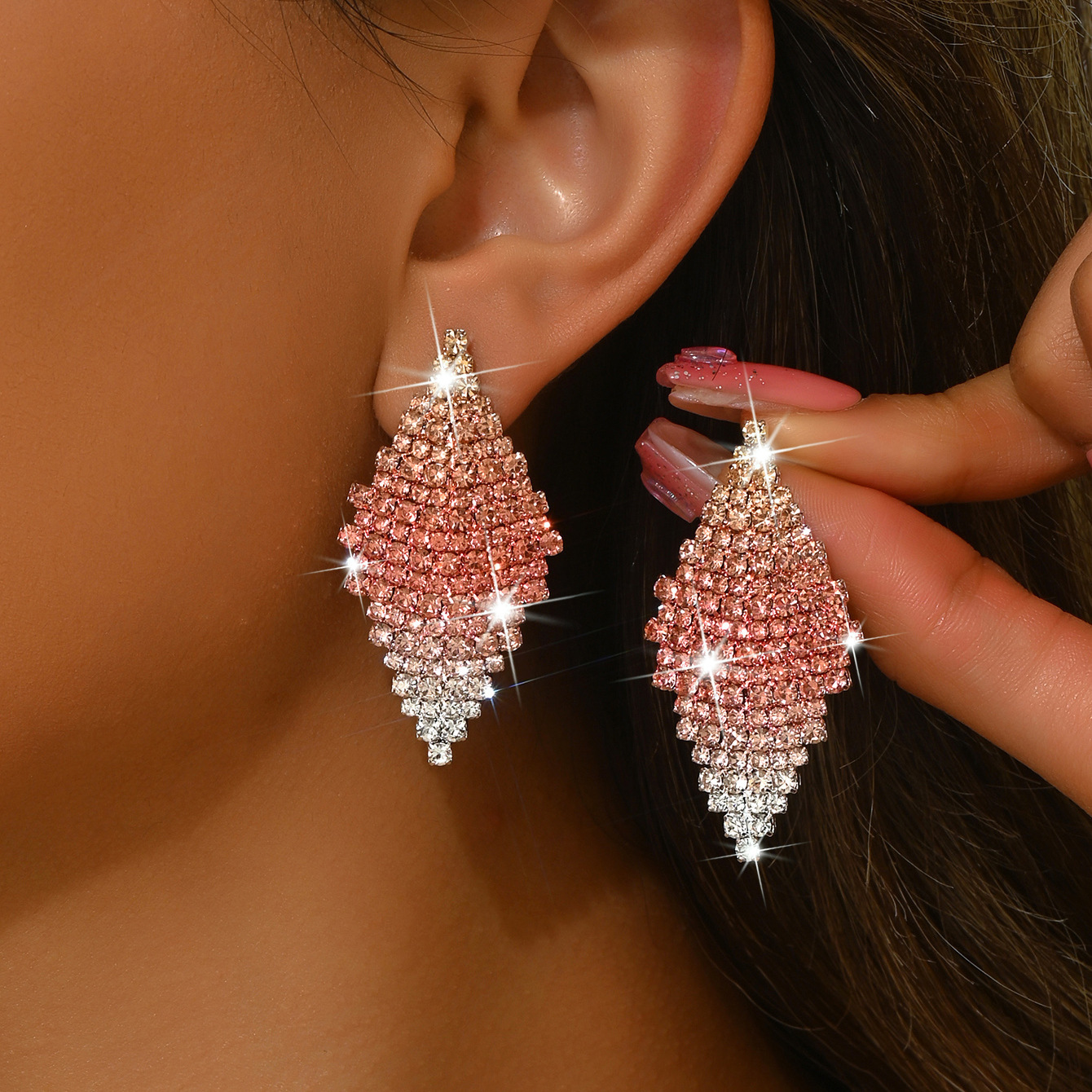 Cross-Border New Style Elegant High-End Gradient Zircon Rhombus Geometric Earrings For Women, Fashionable Small Luxury Versatile Earrings product image
