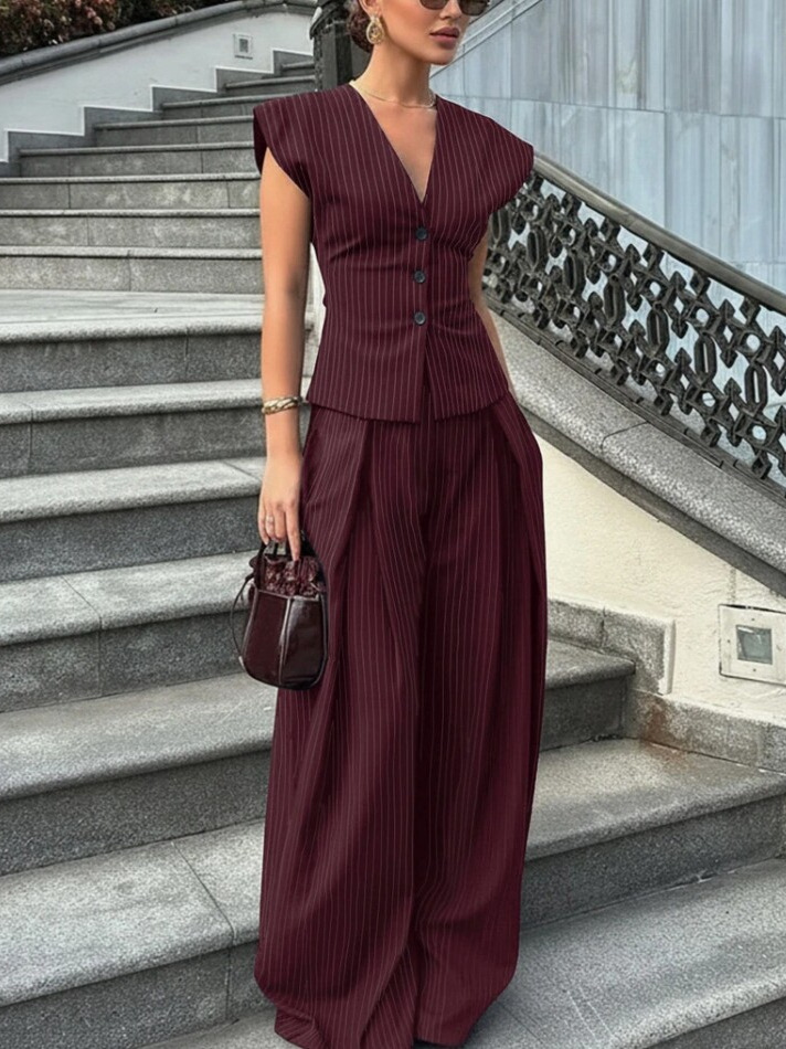 New European And American Cross-border Fashion V-neck Sleeveless Wide-leg Pants Waist-cinching Elegant Commuter Suit For Women