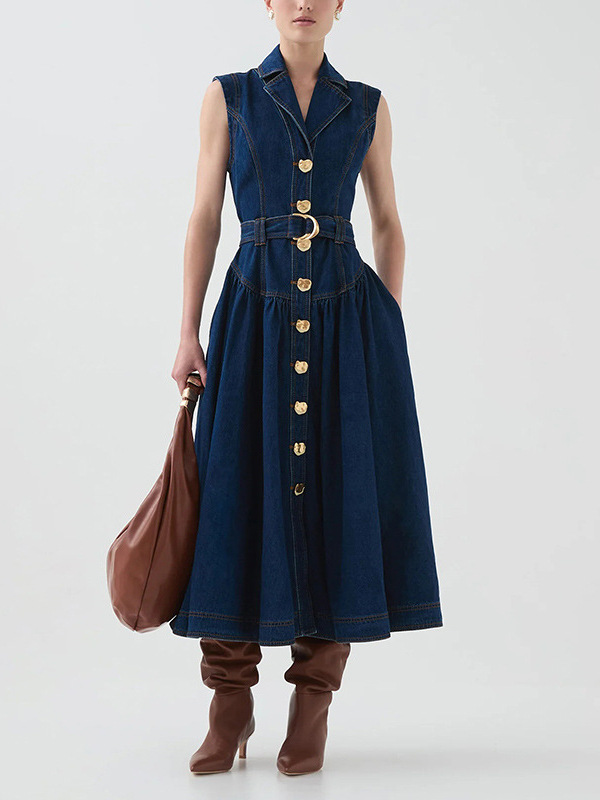 Sleeveless Lapel Belted Denim Midi Dress product image