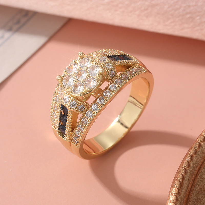 Elegant Blue Crystal Cluster Ring Gold Tone