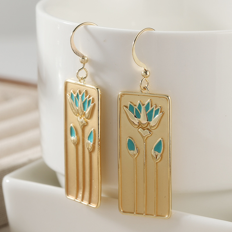 Light Luxury Eco-friendly Copper Pendant Ring, Creative Geometric Design With Square Green Enamel Flower, Gold Tone, Viral Live Stream Jewelry