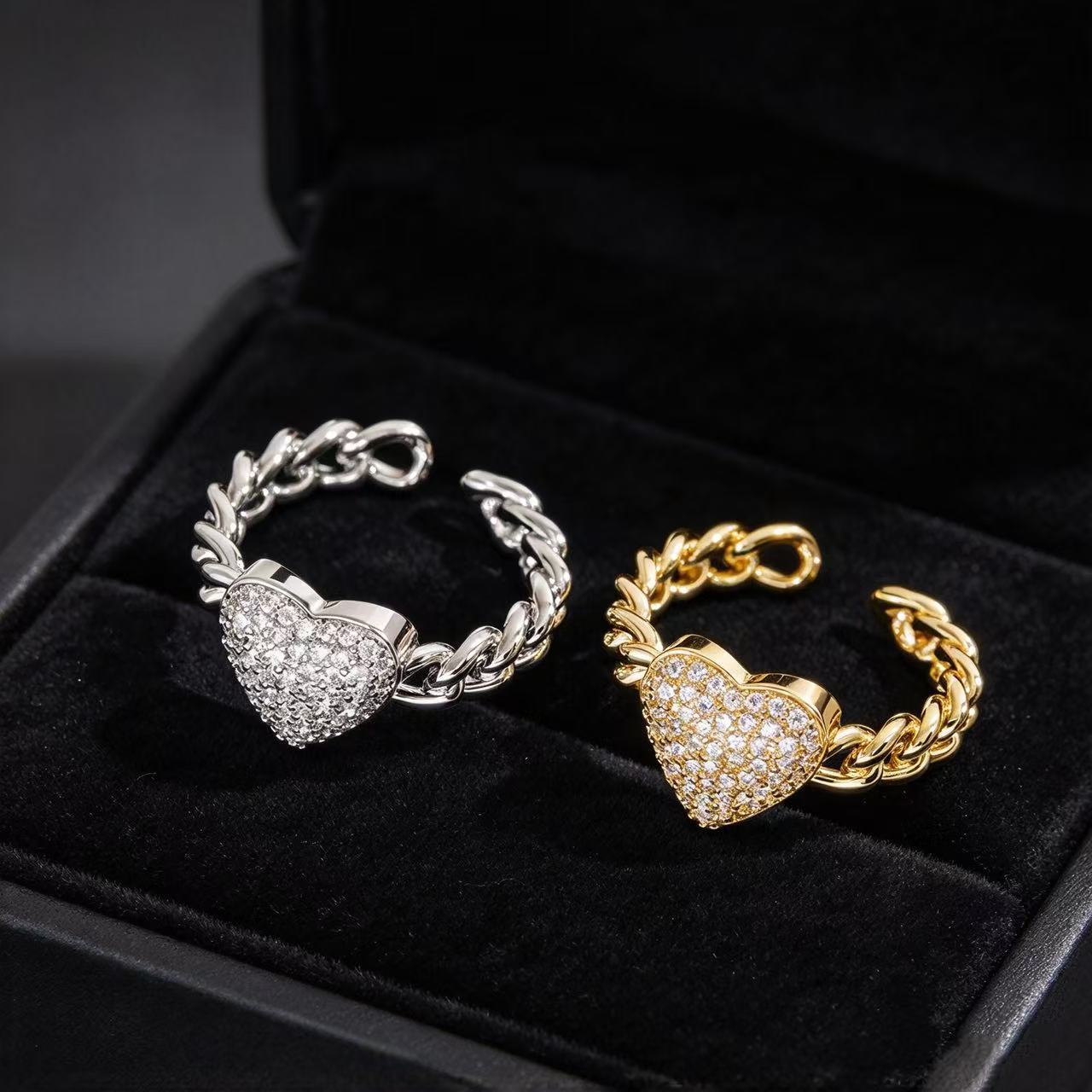 Luxury Copper Inlaid Zircon Heart Open Ring