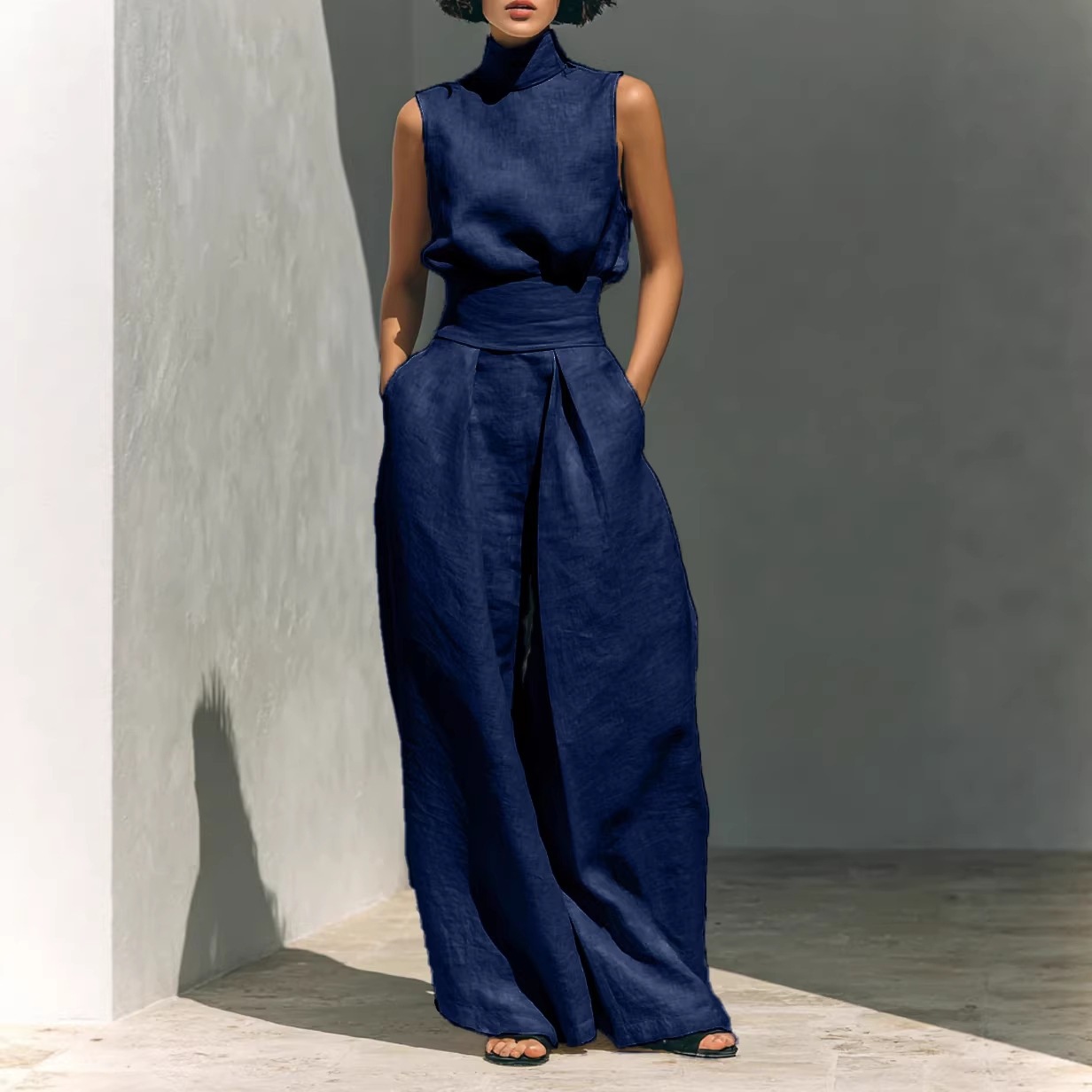 Cotton And Linen Sleeveless Trousers Casual Suit Women (Sky