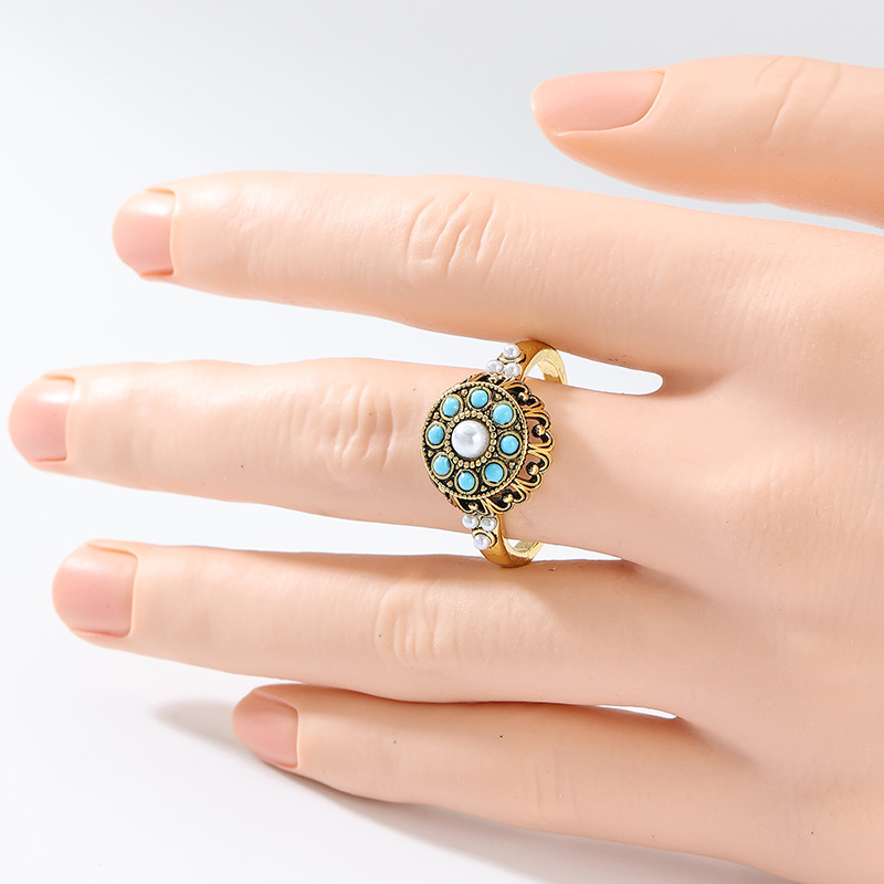Vintage Boho Turquoise Pearl Statement Ring Gold