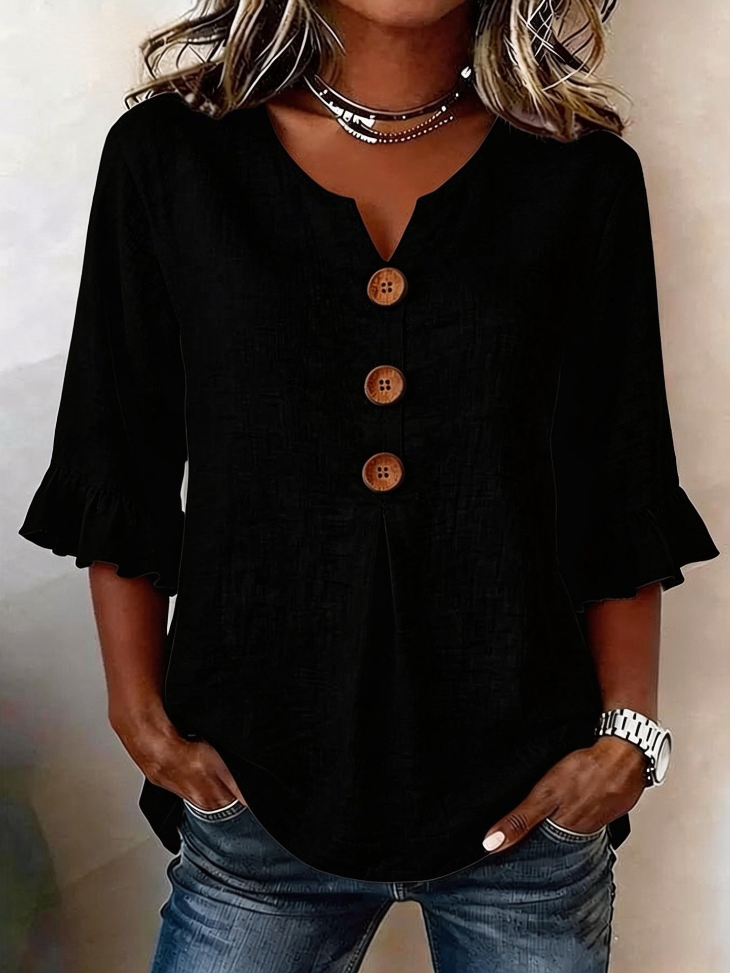 2026 Summer Women's V Neck Cotton Linen Button Up Shirt Solid Color Button Design Short Sleeve — image 11 of 15