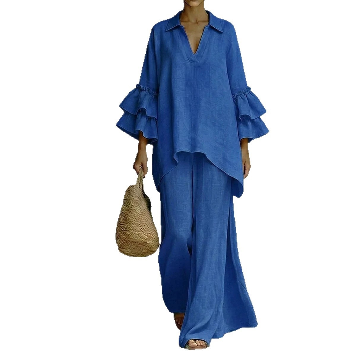 Women Casual Matching Set Lapel V Neck Ruffle 3 4 Sleeve Irregular Tops Wide Leg Long Pants 2 Piece Tracksuit Outfits