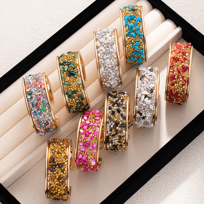 Cross-border European And American Style Color Gravel Wide-sided Open Bracelet Burst Flash Encrusted Diamond Bracelet Men's And Women's Personality Fashion Cool Hand Jewelry