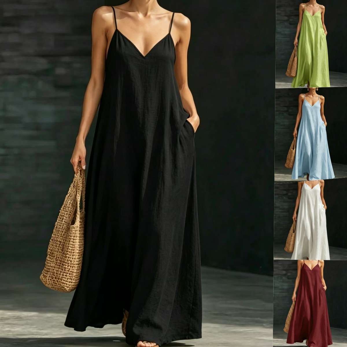 Summer New Arrival V-Neck Strap Maxi Dress, Casual & Chic Solid Color Swing Dress