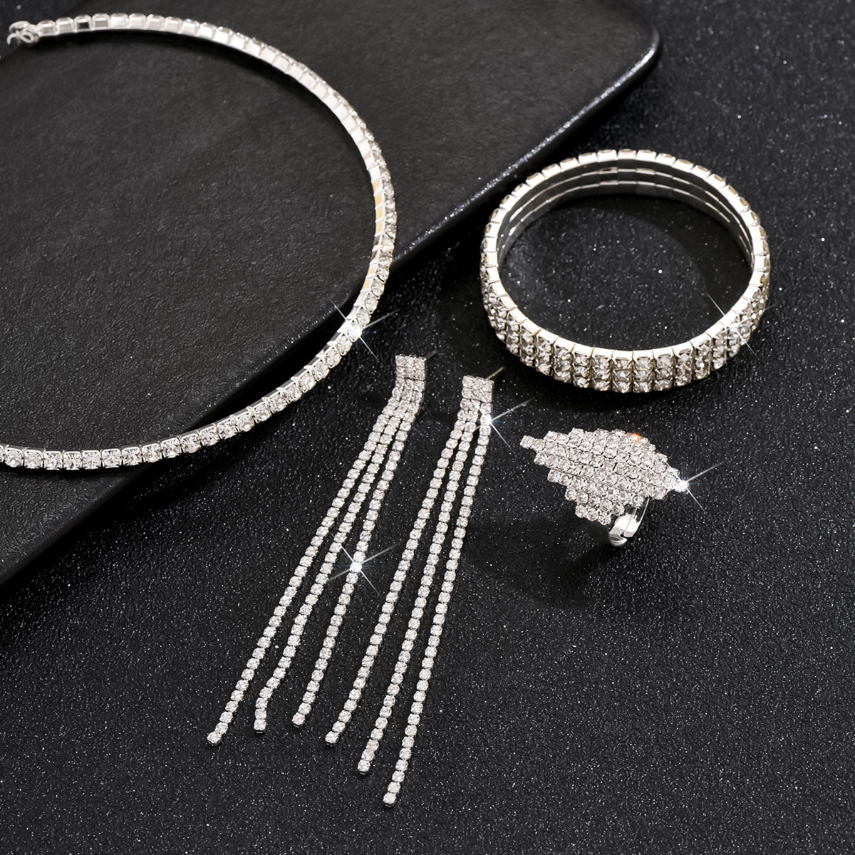 Rhinestone Necklace Bracelet Earrings Ring Set, picture 2 of 2
