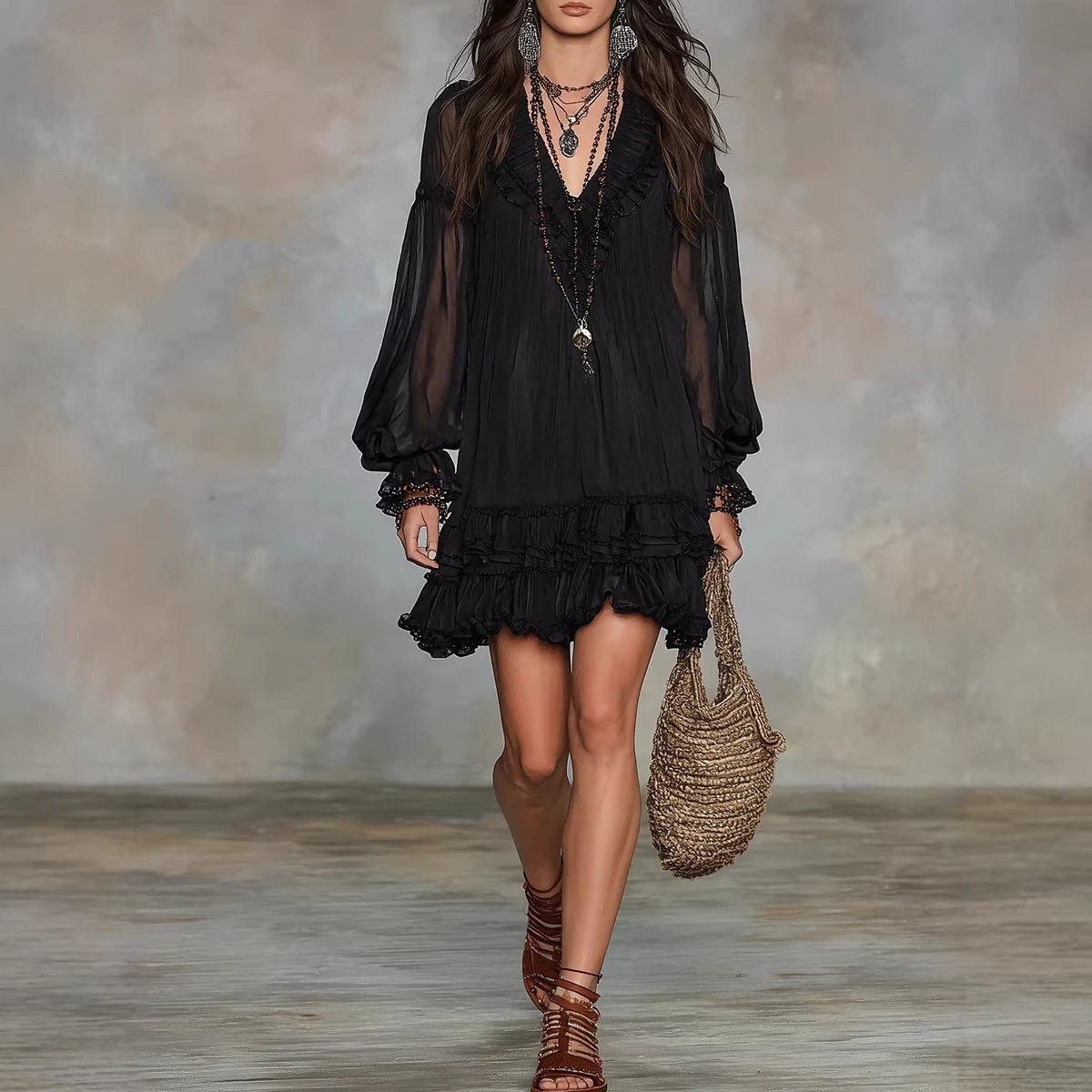Spring New V-Neck Waist-Cinching Ruffle Elegant Dress Amazon Independent Site Cross-Border Women's Clothing