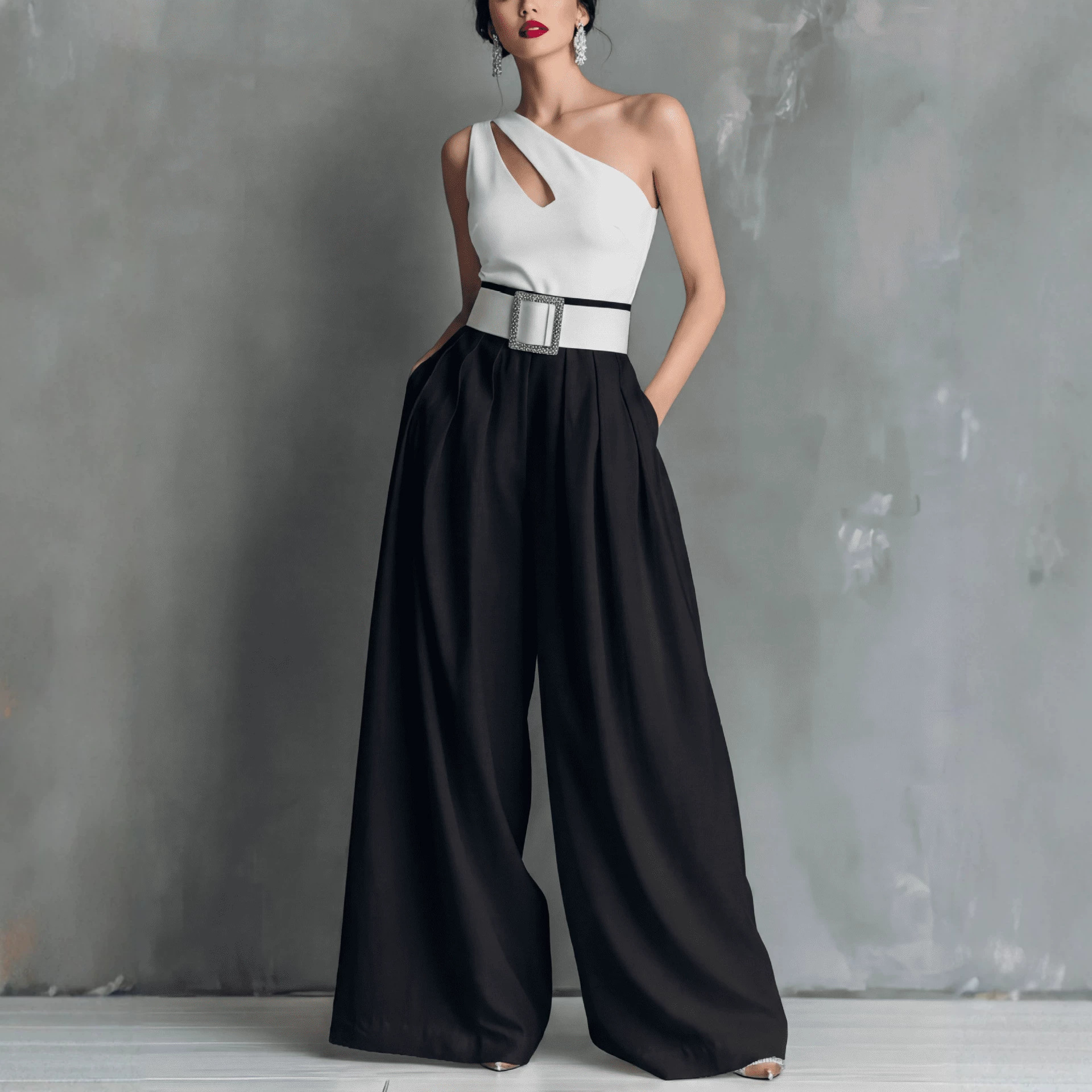 Pantaloni casual la modă, versatili, cu talie înaltă, croi larg, de culoare uni și cu picior larg, prevăzuți cu curea