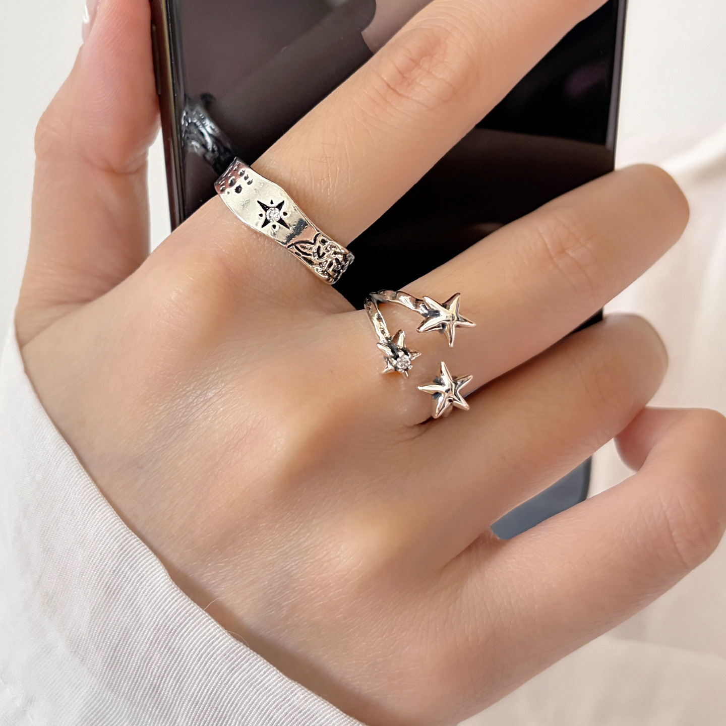 Vintage Distressed Wide Band Octagram Zircon Ring