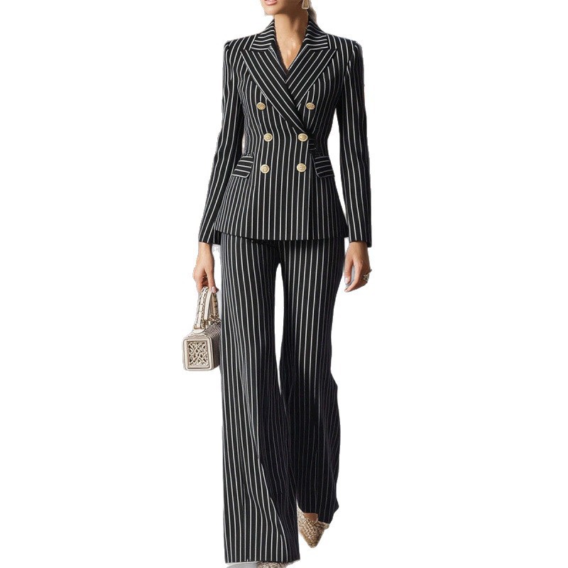 Autumn European And American Hot Selling Elegant Commuting Slim Fit Color Block Long Sleeve Suit Pants Set For Women