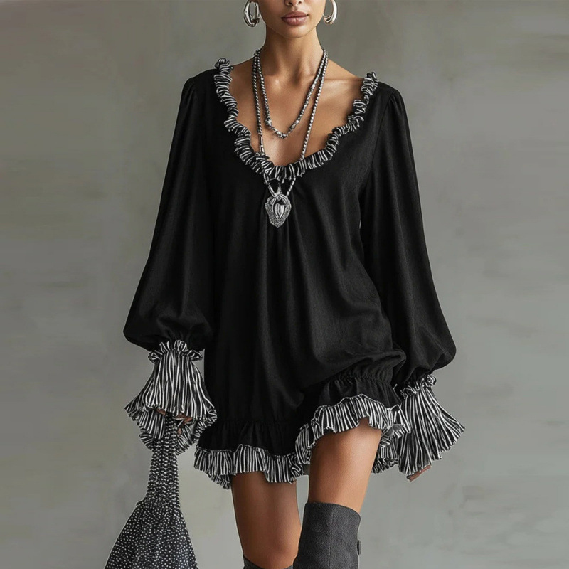 2026 Autumn And Winter Short Elegant European And American Style Slimming Dress With Ruffled Edges, Black Vintage Dress