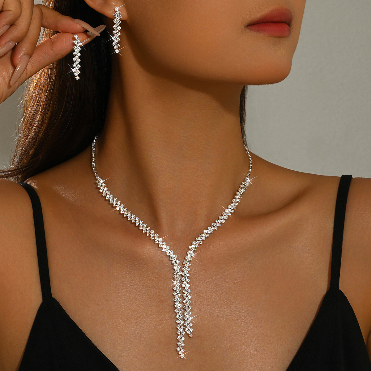 Women Silver Tone Y Shape Tassel Rhinestone