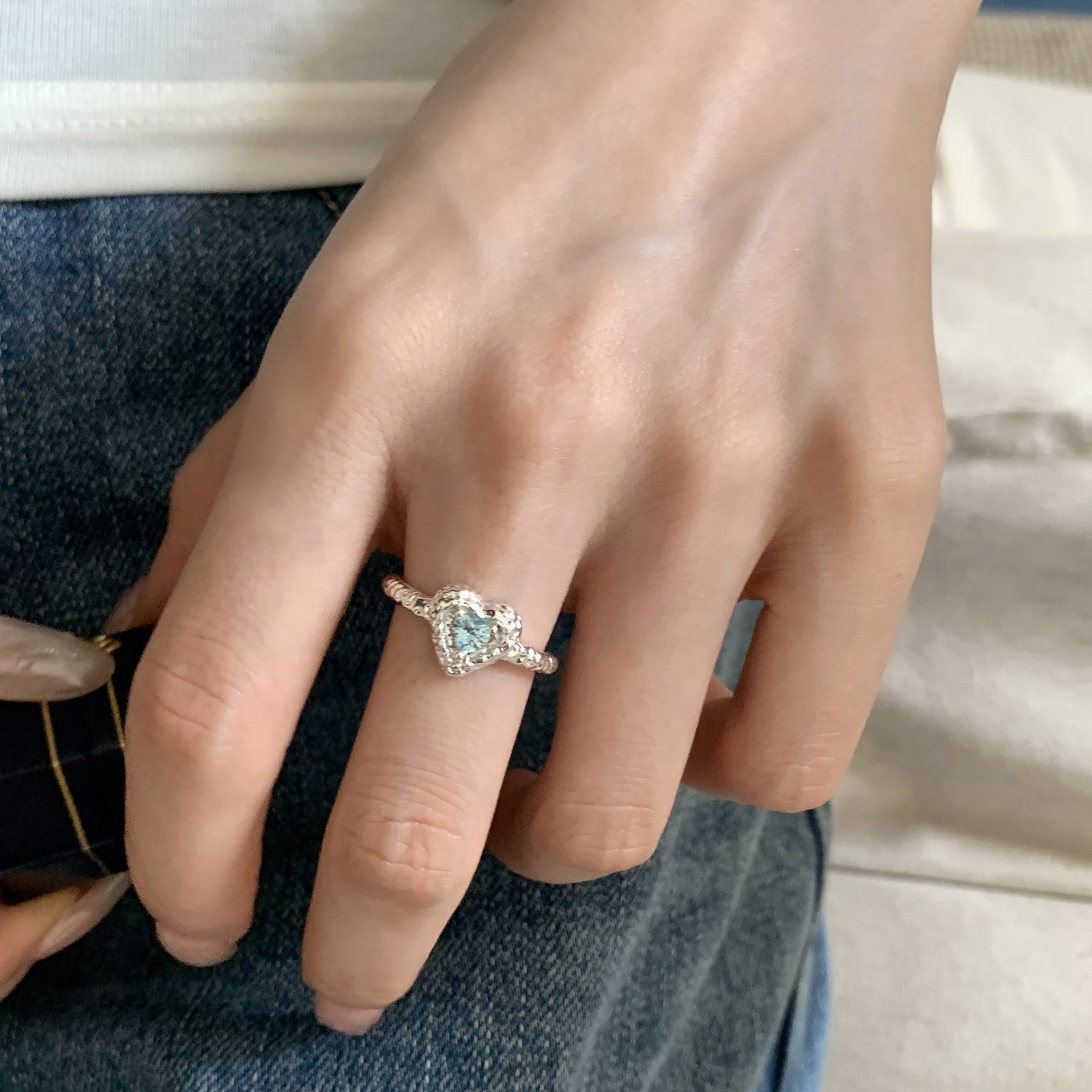 Cool Toned Hammered Blue Zircon Heart Ring