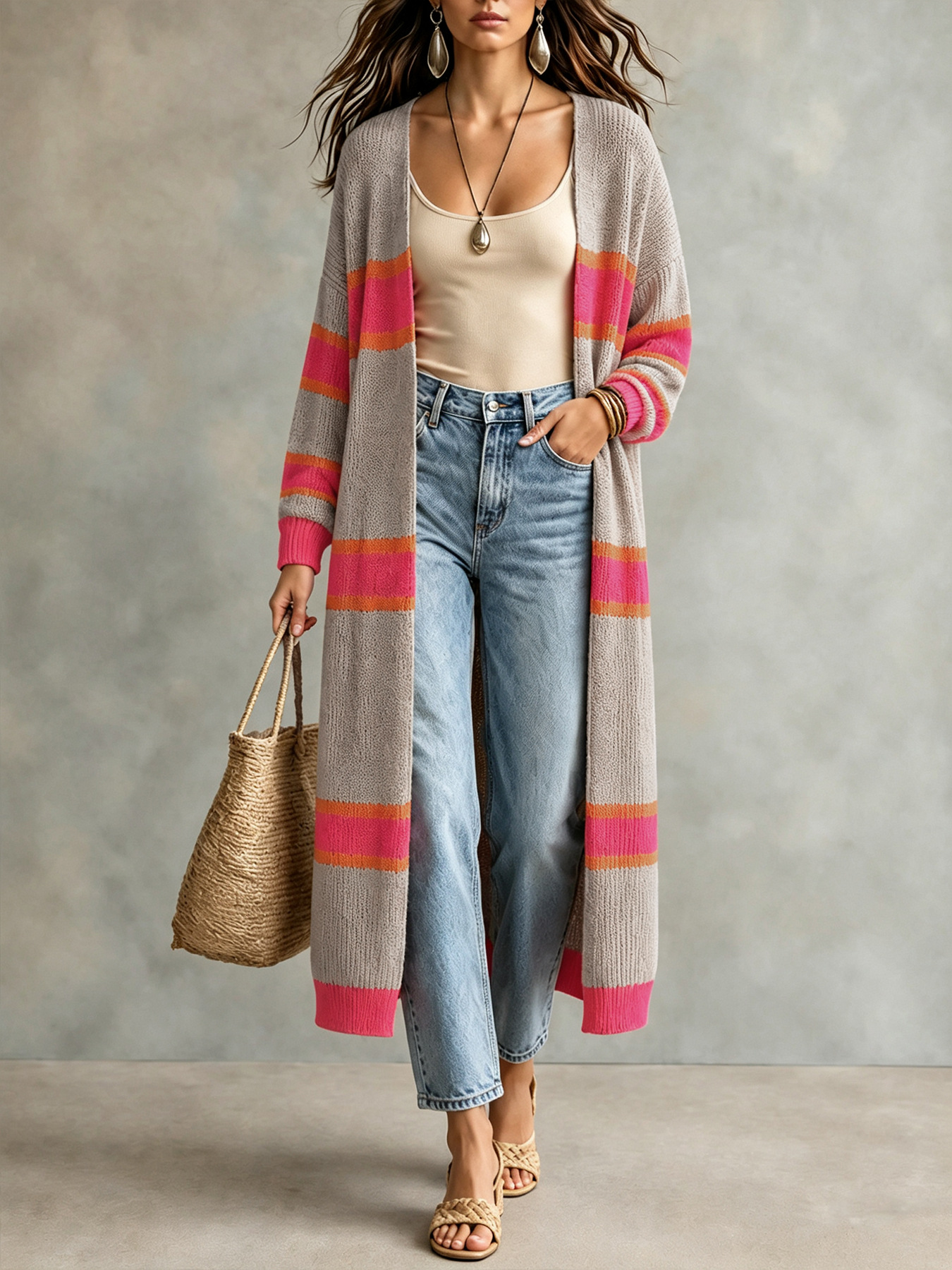 Women's Color Block Stripe Over-Size Knit Cardigan Casual Long Sleeve Sweater Daily Outter Dressing For Autumn & Winter