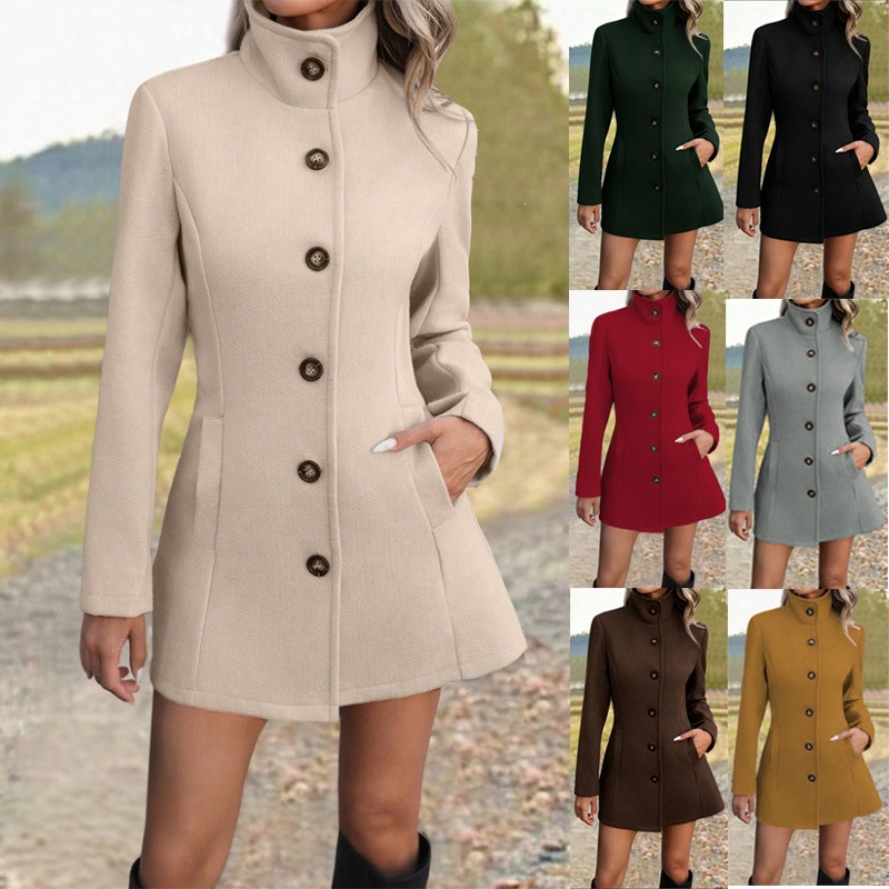2026 Cross-Border Amazon European And American Women's Clothing Autumn Winter New Fashion Casual Stand Collar Woolen Coat